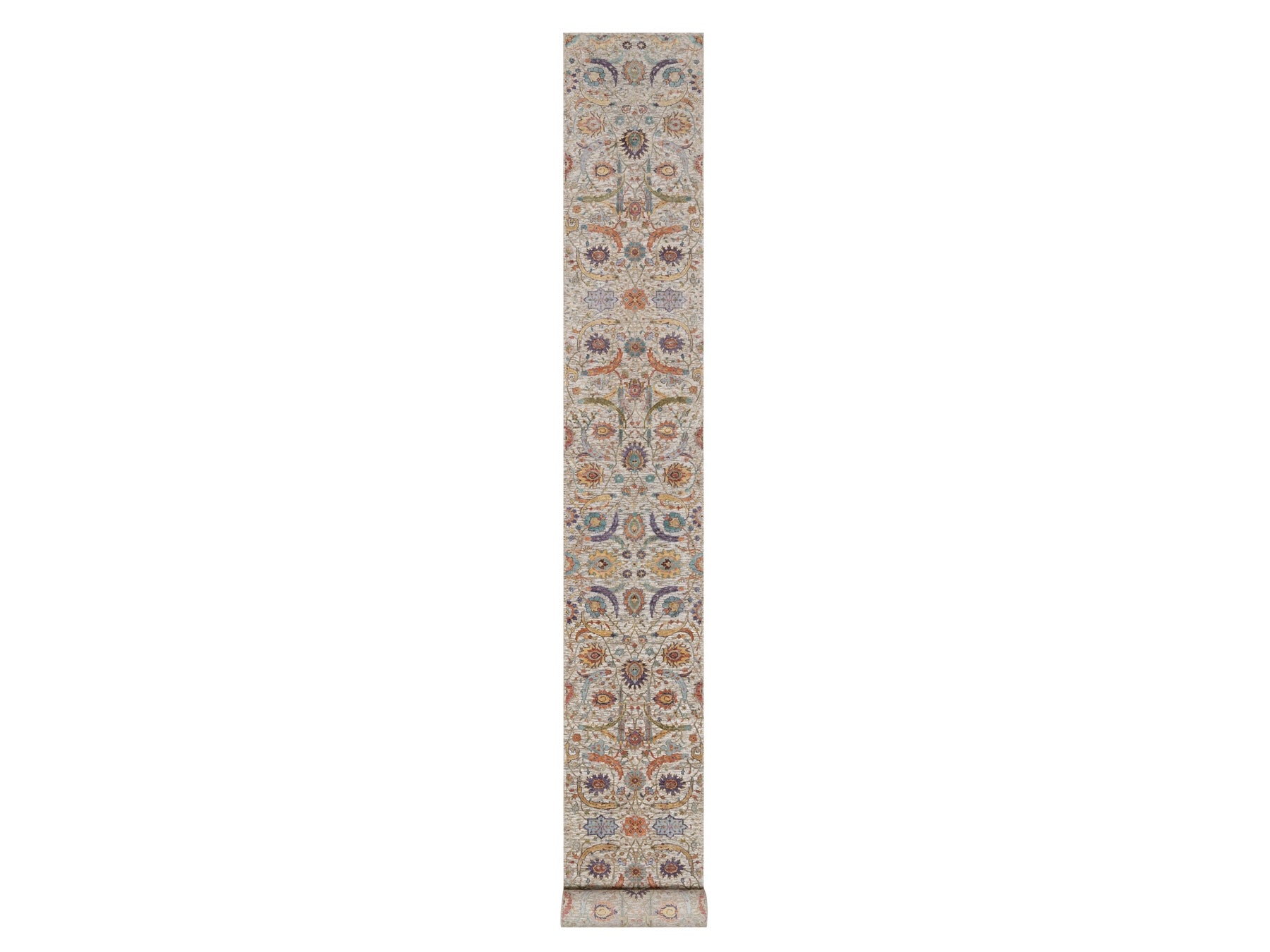 Transitional hand-knotted wool/silk runner in Ivory, 2'7" x 24'1" — SKU O092614