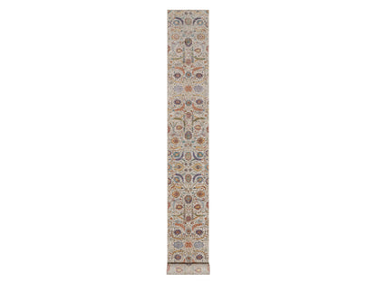 Transitional hand-knotted wool/silk runner in Ivory, 2'7" x 24'1" — SKU O092614
