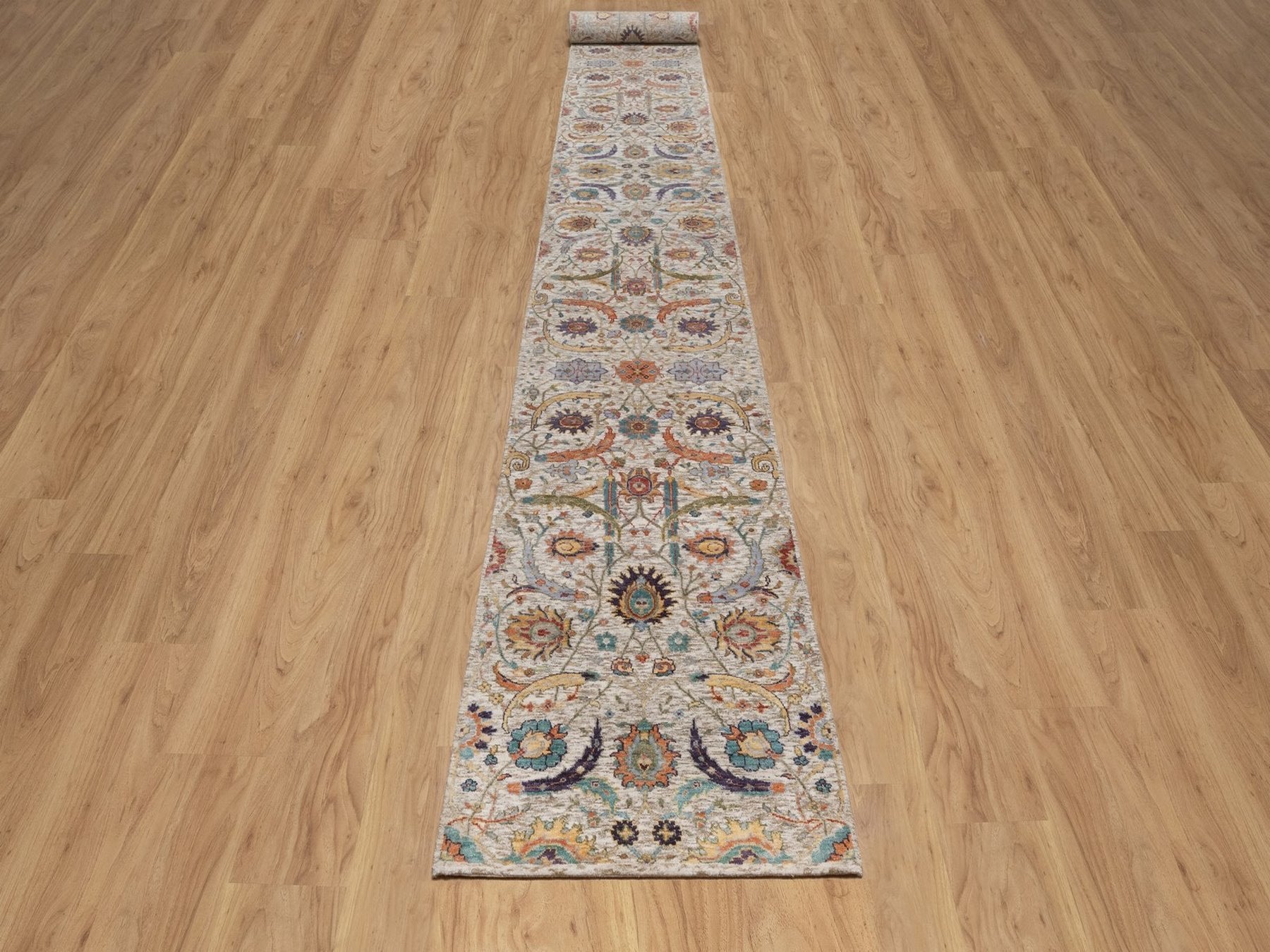 Ivory 2'7" x 24'1" Transitional Hand knotted Wool/Silk Rug - Sku: O092614