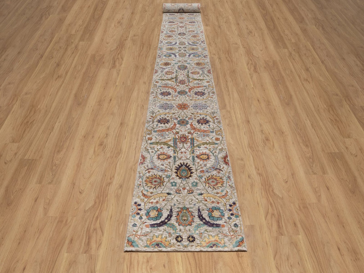 Transitional hand-knotted wool/silk runner in Ivory, 2'7" x 24'1" — SKU O092614 (view 2)
