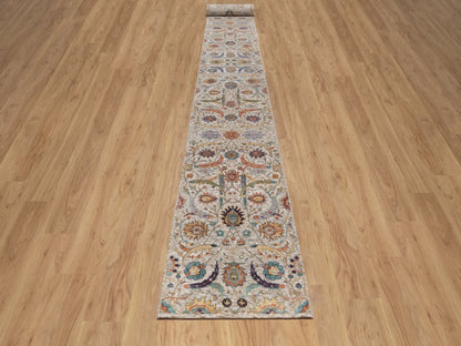 Transitional hand-knotted wool/silk runner in Ivory, 2'7" x 24'1" — SKU O092614 (view 2)