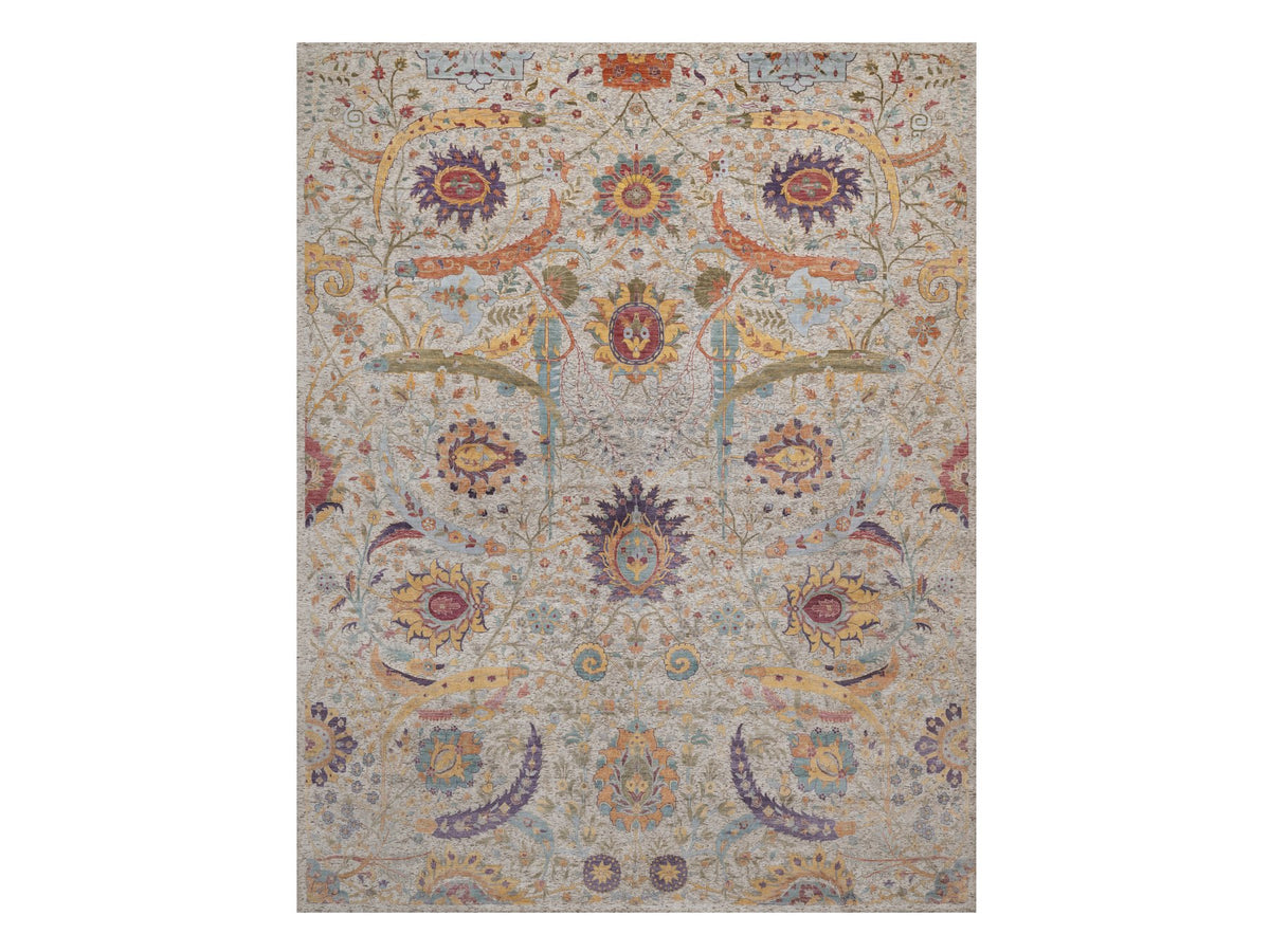 Transitional hand-knotted wool/silk rug in Ivory, 11'9" x 15'2" — SKU O092621