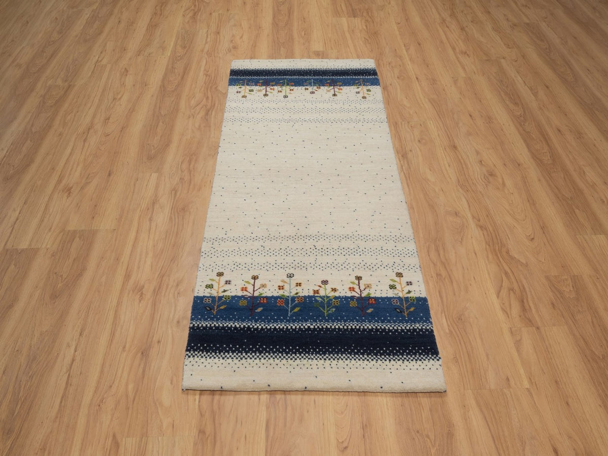Gabbeh Modern / Contemporary hand-knotted wool runner in Ivory, 2'7" x 6', SKU O092627 (view 2)