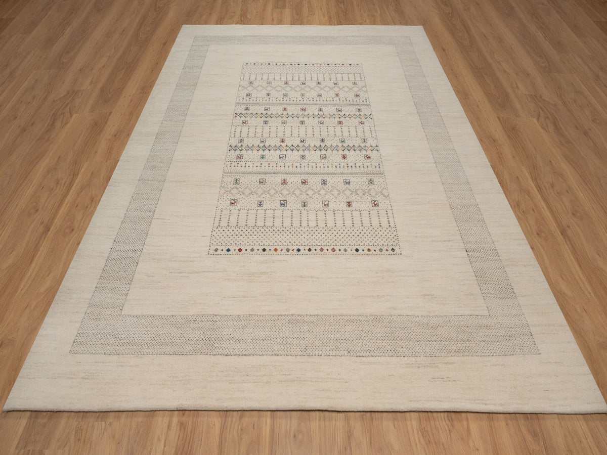Gabbeh Modern / Contemporary hand-knotted wool rug in Ivory, 8'2" x 10'1", SKU O092637 (view 2)