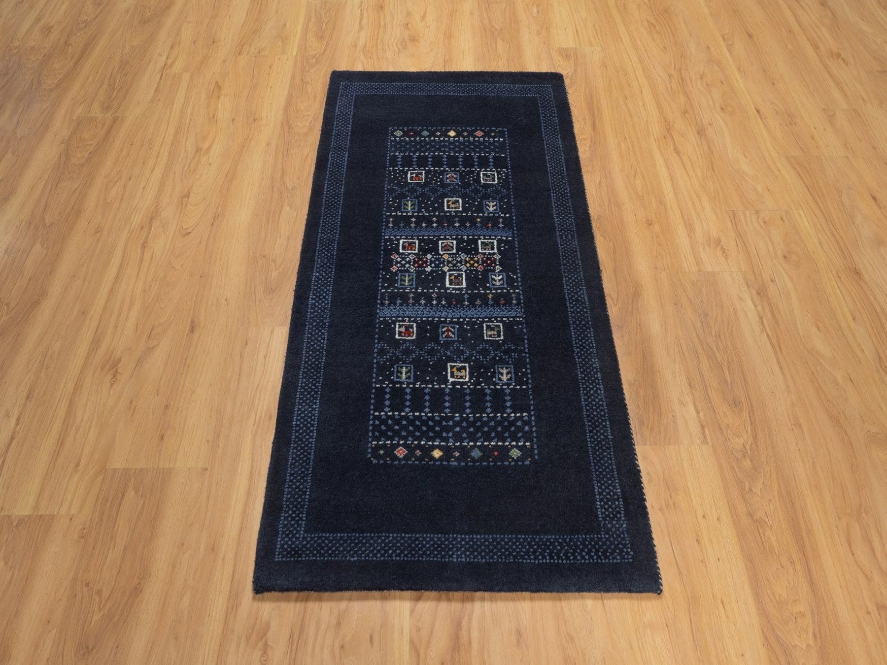 Gabbeh Modern / Contemporary hand-knotted wool runner in Blue, 2'4" x 4'7", SKU O092649 (view 2)