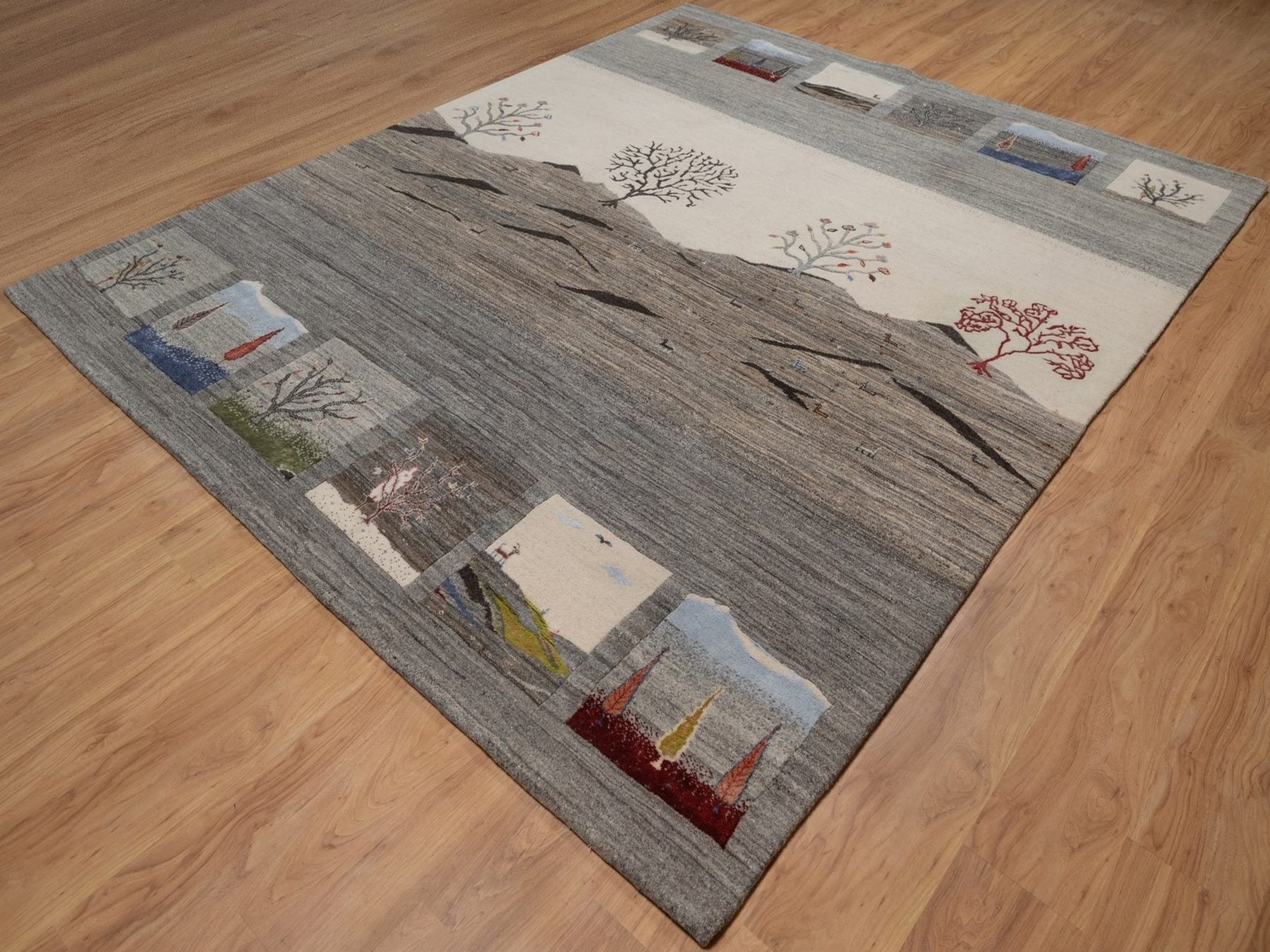 Gabbeh Modern / Contemporary hand-knotted wool rug in Gray, 8'2" x 10', SKU O092652 (view 3)