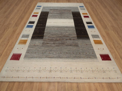 Gabbeh Modern / Contemporary hand-knotted wool rug in Ivory, 8'8" x 11'9", SKU O092653 (view 2)