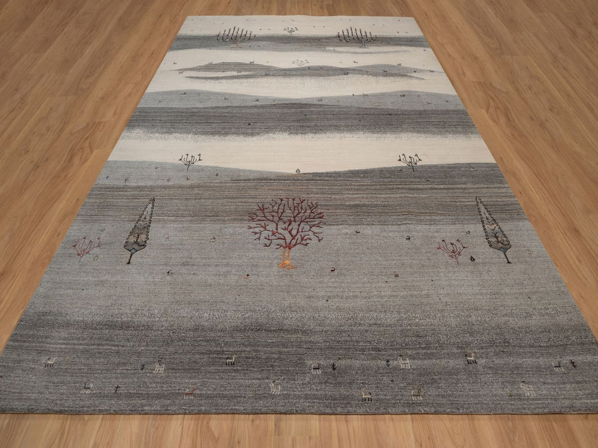 Gabbeh Modern / Contemporary hand-knotted wool rug in Gray, 9'10" x 13', SKU O092659 (view 2)