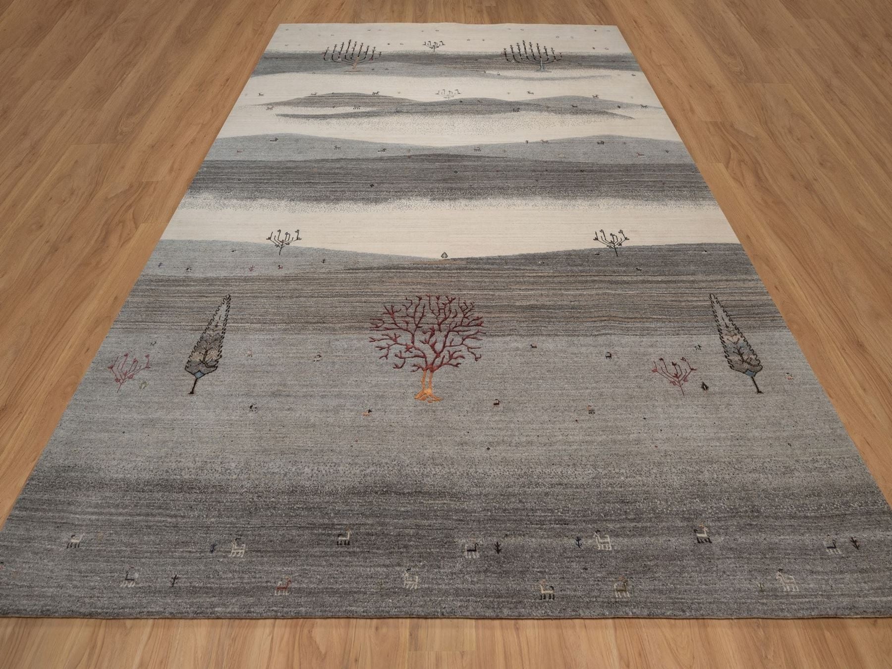 Gabbeh Modern / Contemporary hand-knotted wool rug in Gray, 9'10" x 13', SKU O092659 (view 2)