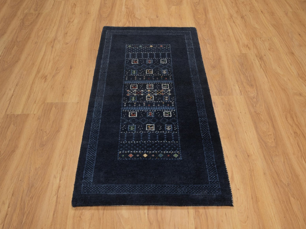 Gabbeh Modern / Contemporary hand-knotted wool runner in Blue, 2'4" x 4'7", SKU O092727 (view 2)