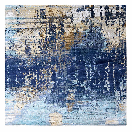 Modern and Contemporary Wool & Silk Hand Knotted Rug Blue No Border 9.9X9.10 -O010005