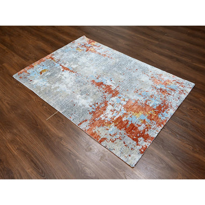 Modern and Contemporary Wool & Silk Hand Knotted Rug Orange No Border 4.0X5.10 -O010013