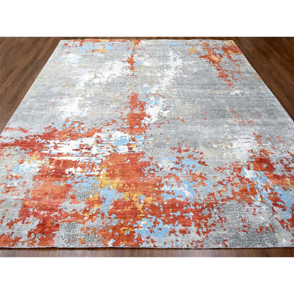 Modern and Contemporary Wool & Silk Hand Knotted Rug Orange No Border 11.10X12.0 -O010014