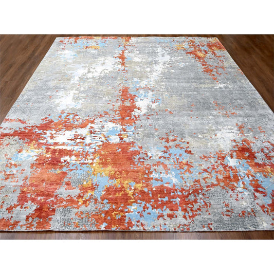 Modern and Contemporary Wool & Silk Hand Knotted Rug Orange No Border 11.10X12.0 -O010014