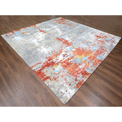 Modern and Contemporary Wool & Silk Hand Knotted Rug Orange No Border 11.10X12.0 -O010014