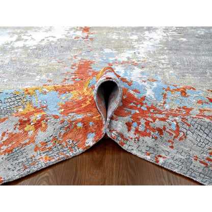 Modern and Contemporary Wool & Silk Hand Knotted Rug Orange No Border 11.10X12.0 -O010014