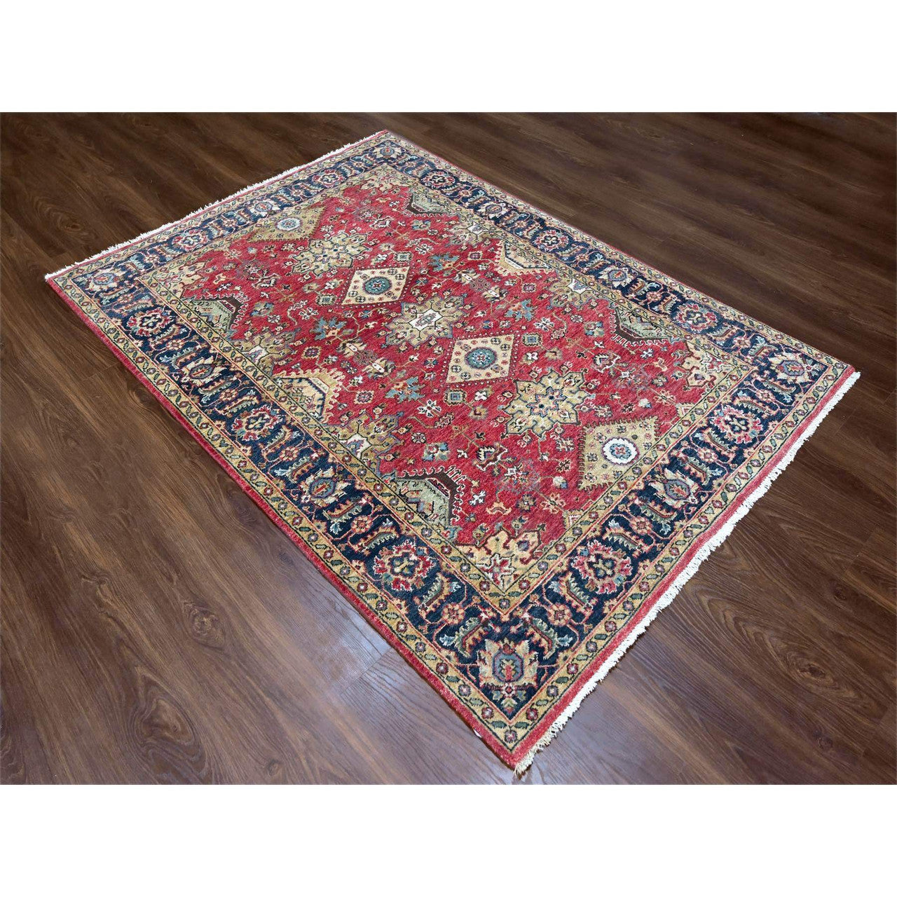 Red 5'0" x 6'10" Heriz Hand knotted Wool Rug - Sku: O010020