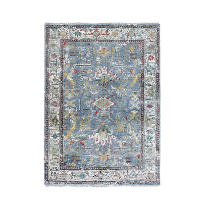 Heriz Wool Hand Knotted Rug Blue White 4.0X5.9 -O010035