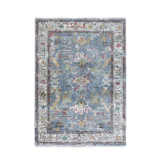 Heriz Wool Hand Knotted Rug Blue White 4.0X5.9 -O010035