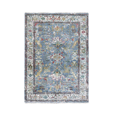 Heriz Wool Hand Knotted Rug Blue White 4.0X5.9 -O010035