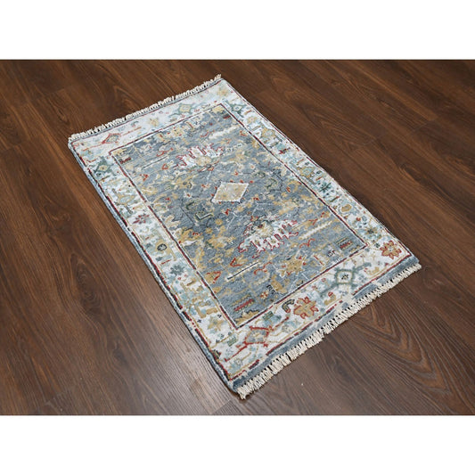 Heriz Wool Hand Knotted Rug Blue White 2.0X3.0 -O010037