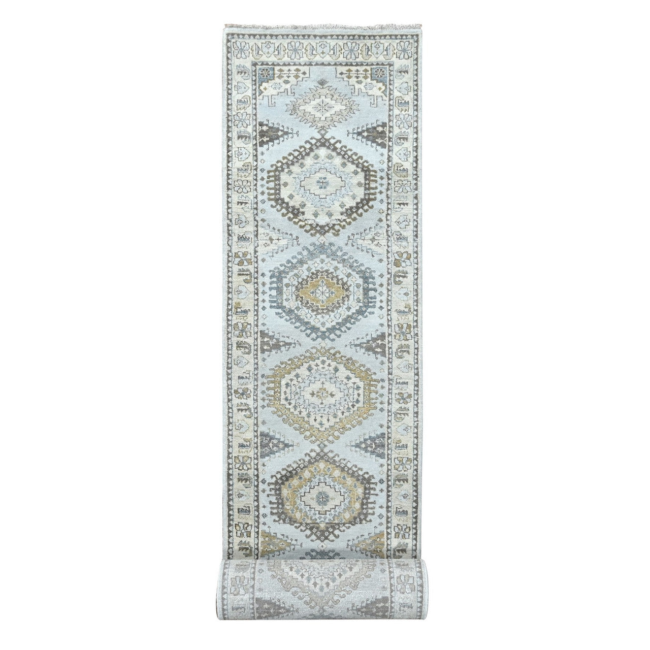 Gray 2'9" x 18'0" Tribal & Geometric Hand knotted Wool Rug - Sku: O010039