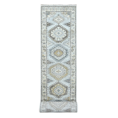 Tribal & Geometric Wool Hand Knotted Rug Grey Beige 2.9X18.0 -O010039