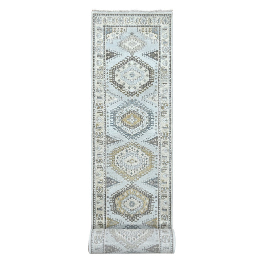 Tribal & Geometric Wool Hand Knotted Rug Grey Beige 2.9X18.0 -O010039