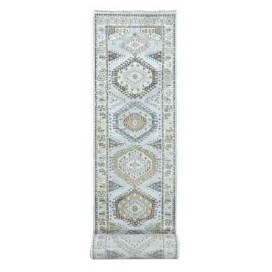 Tribal & Geometric Wool Hand Knotted Rug Grey Beige 2.9X18.0 -O010039