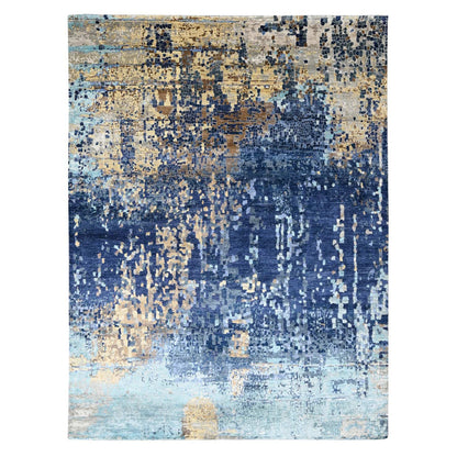 Modern and Contemporary Wool & Silk Hand Knotted Rug Blue No Border 8.10X11.9 -O010062