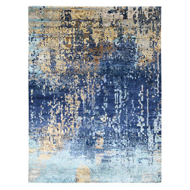 Modern and Contemporary Wool & Silk Hand Knotted Rug Blue No Border 8.10X11.9 -O010062