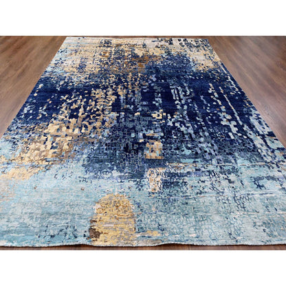 Modern and Contemporary Wool & Silk Hand Knotted Rug Blue No Border 8.10X11.9 -O010062
