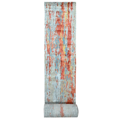 Modern and Contemporary Wool & Silk Hand Knotted Rug Orange No Border 2.5X25.8 -O010064