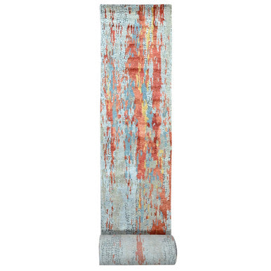 Modern and Contemporary Wool & Silk Hand Knotted Rug Orange No Border 2.5X25.8 -O010064