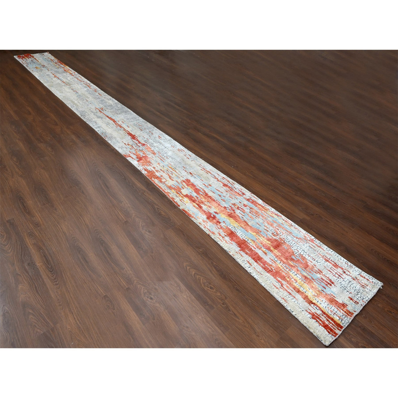 Modern and Contemporary Wool & Silk Hand Knotted Rug Orange No Border 2.5X25.8 -O010064