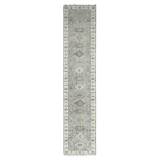 Heriz Wool Hand Knotted Rug Grey Ivory 2.9X14.0 -O010069