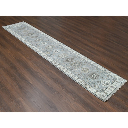 Heriz Wool Hand Knotted Rug Grey Ivory 2.6X11.8 -O010071