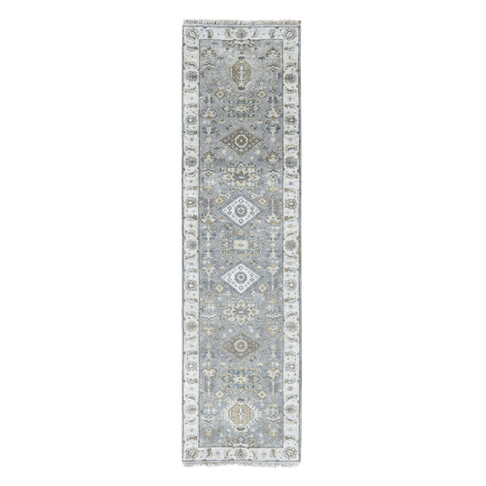 Heriz Wool Hand Knotted Rug Grey Ivory 2.7X9.9 -O010073