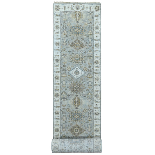 Heriz Wool Hand Knotted Rug Grey Ivory 2.6X18.0 -O010075