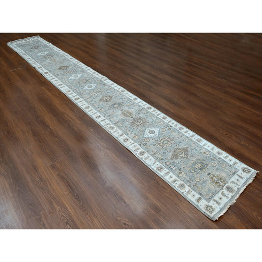 Heriz Wool Hand Knotted Rug Grey Ivory 2.6X18.0 -O010075