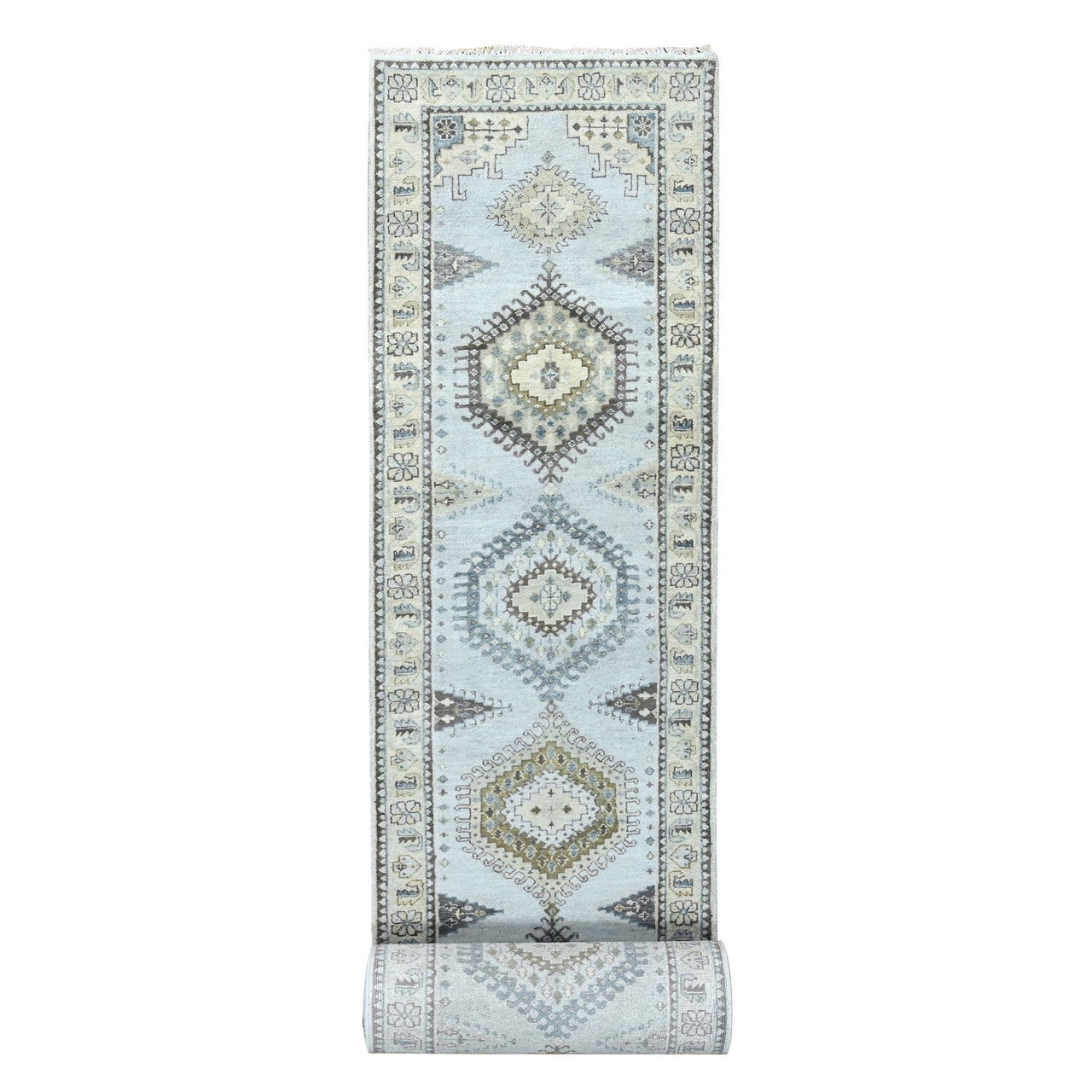 Gray 2'9" x 21'9" Tribal & Geometric Hand knotted Wool Rug - Sku: O010077