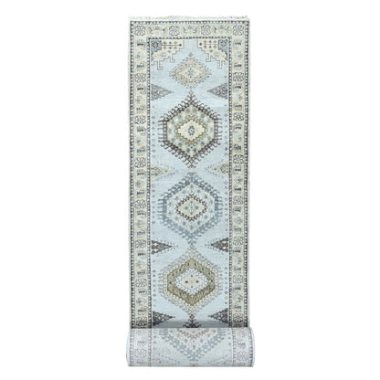 Tribal & Geometric Wool Hand Knotted Rug Grey Ivory 2.9X21.9 -O010077