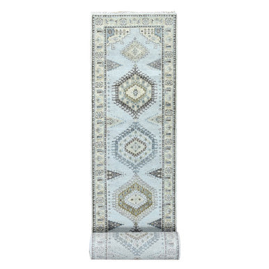 Tribal & Geometric Wool Hand Knotted Rug Grey Ivory 2.9X21.9 -O010077