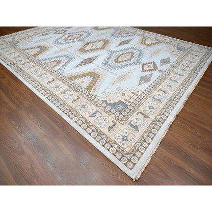 Tribal & Geometric Wool Hand Knotted Rug Grey Ivory 12.0X14.8 -O010078