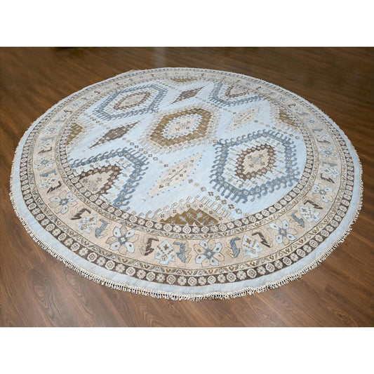 Tribal & Geometric Wool Hand Knotted Rug Grey Ivory 13.8X13.10 -O010079