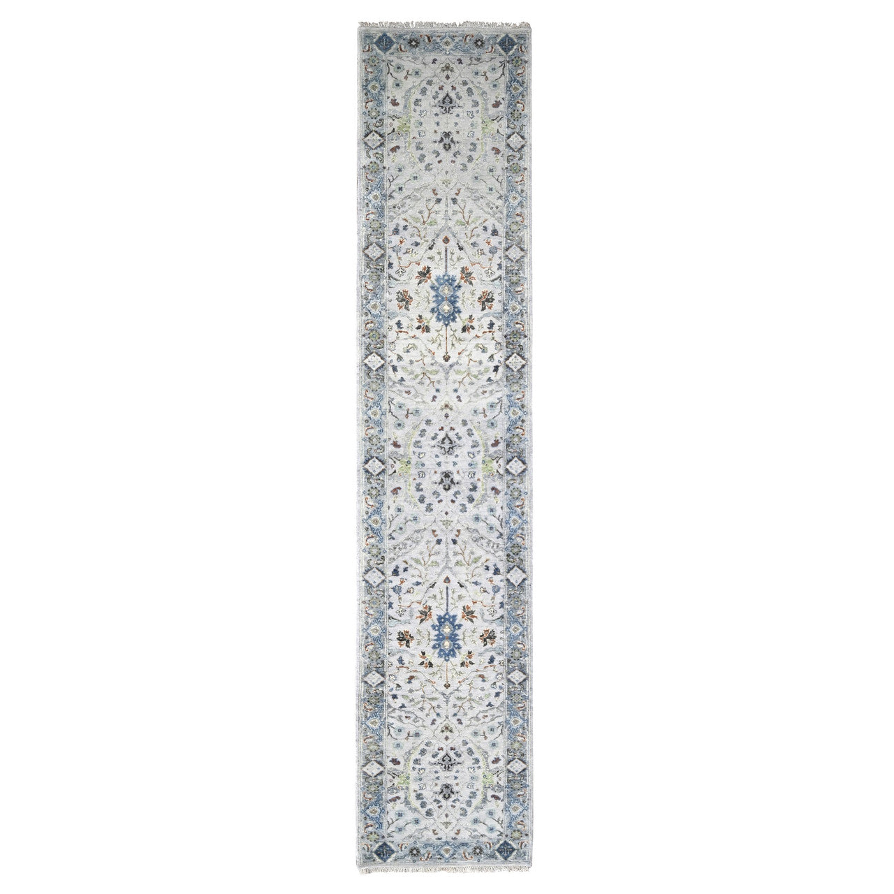 Ivory 2'6" x 11'9" Oushak And Peshawar Blueish Hand knotted Wool Rug - Sku: O010086