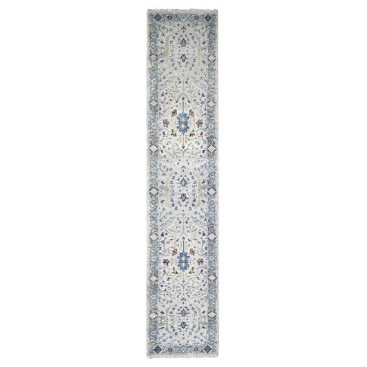 Oushak And Peshawar Wool Hand Knotted Rug Ivory Blueish Gray 2.6X11.9 -O010086