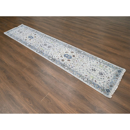 Oushak And Peshawar Wool Hand Knotted Rug Ivory Blueish Gray 2.6X11.9 -O010086