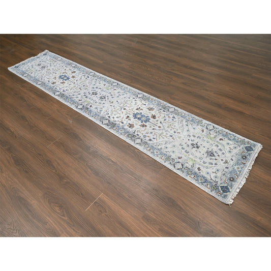 Oushak And Peshawar Wool Hand Knotted Rug Ivory Blueish Gray 2.6X11.9 -O010086