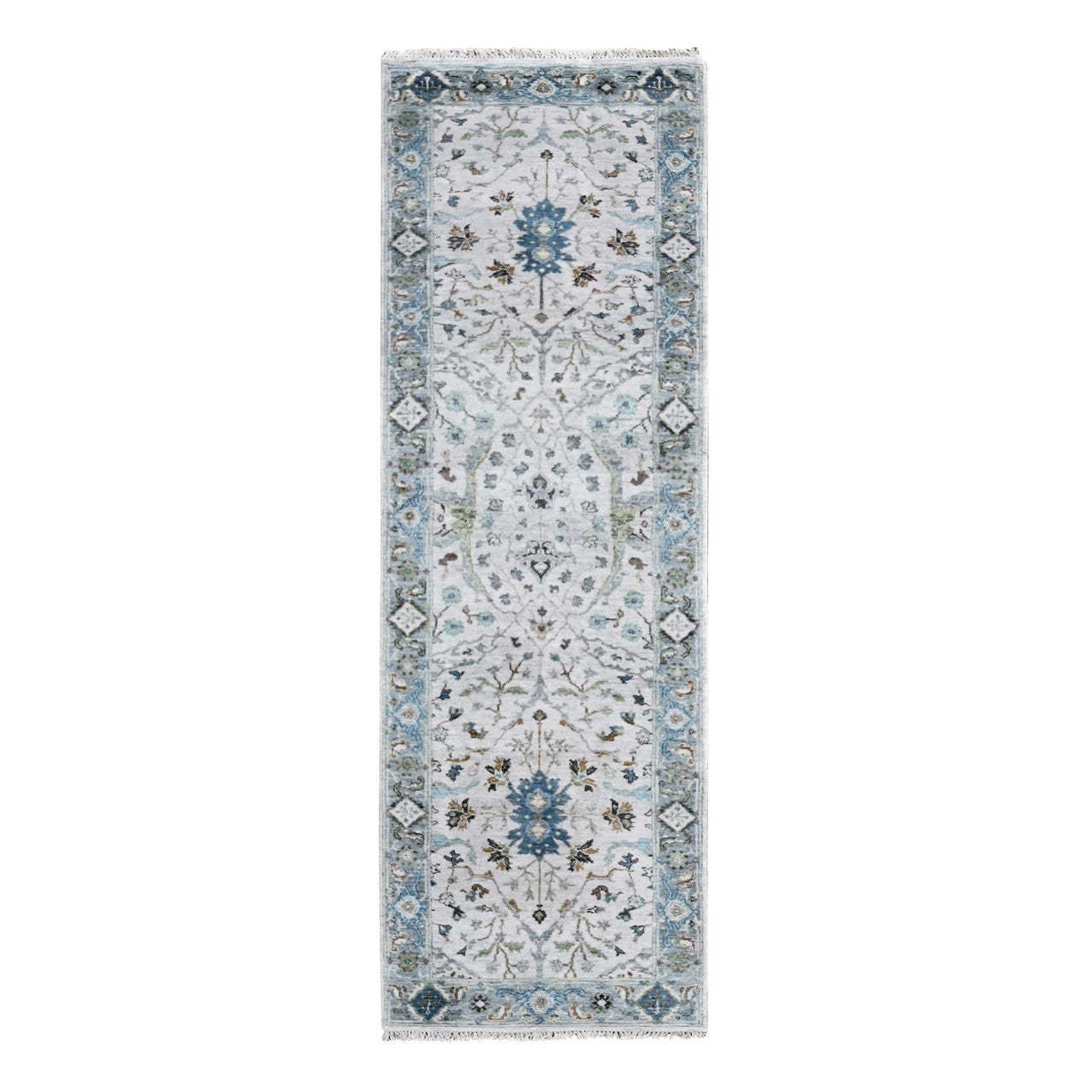 Ivory 2'5" x 7'9" Oushak And Peshawar Blueish Hand knotted Wool Rug - Sku: O010088